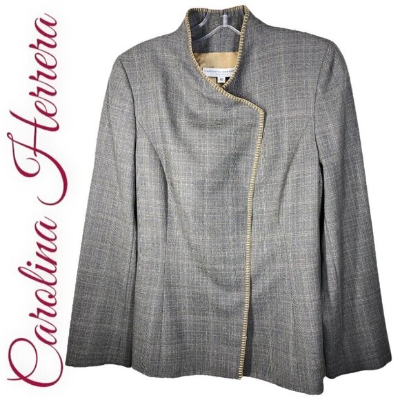 CAROLINA HERRERA Elegant Wool Micro Plaid Collarless Gray Blazer, Size 10 - Picture 2 of 12